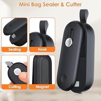 FEPPO Mini Bag Sealer 2-Pack, 2 in 1 Handheld Chip Bag Sealer Heat Seal and Cutter with Lanyard, Portable Resealer Machine for Plastic Bag Food Storage Snacks, Black/White (Batteries Included)