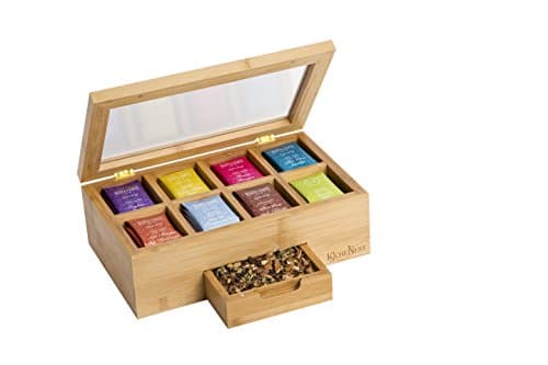 Kichenest Bamboo Tea Box Organizer Chest Caddy With 8 Compartments For Up To 140 Tea Bags – Elegant Wood, Magnetic Closure, Clear View Lid, Expandable Drawer