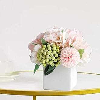 Tazweeq Ceramic Vase and Artificial Hydrangea Flower Arrangement, Home Decor Artificial Flower (Pink)