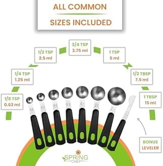 Spring Chef Magnetic Measuring Cups & Spoons Set (Patent Pending), Strong N45 Magnets, Heavy Duty Stainless Steel Fits in Spice Jars for Baking & Cooking, BPA Free, Round Set of 15 with Leveler, Black