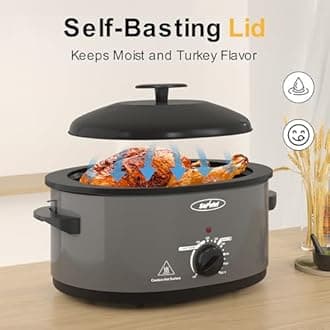 8 Quart Roaster Oven with Self-Basting Lid, with Removable Roasting Rack, Turkey Defrost & Warm Function, Adjustable Temperature for Use as a Slow Cooker, Stainless Steel, Grey