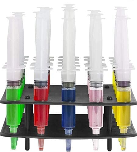 25 Pack (1oz) Jello Shot Syringes Combo with Tray/Racking Stand - 100% Safe & Reusable Plastic Syringes for Jello Shots - Small Syringe Shots Holiday and Halloween Party Supplies for Adults