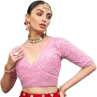 Pujia Mills Womens Fancy Readymade Ethnic wear Half Sleeve Sequins Saree Blouse sabyasachi Blouse for Women Saree and Lehenga Choli Bridal Blouse