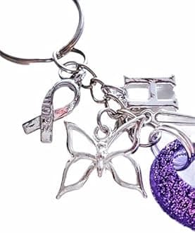 Handmade Personalised Initial Fibromyalgia Purple Resin Glitter Awareness Ribbon Charm Keyring with Butterfly Hope Spoon Bag Charm