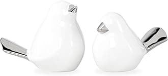 Torre & Tagus Finch Bird Decor Set of 2 Cute Ceramic Birds Animal Figurines Modern Home Decor Accessories for Living Room, Bedroom, Office Desk, Bathroom Vanity and Fireplace Mantel (White Silver)