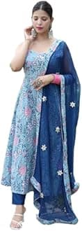GoSriKi Women's Cotton Blend Anarkali Printed Kurta with Pant & Dupatta