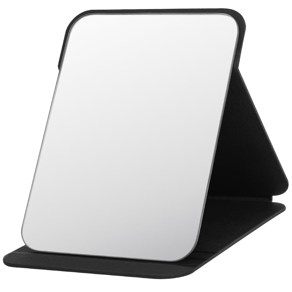 OSDUE Folding Tabletop Mirror, 25.5 * 18cm Black PU Leather Portable Travel and Desktop Vanity Mirror with Stand for Office Desk, Vanity Table, Camping