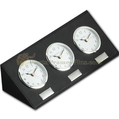 Bey-Berk D437 Black Leather Triple Time Zone Quartz Clock with Chrome Accents and 3 Engraving Plates