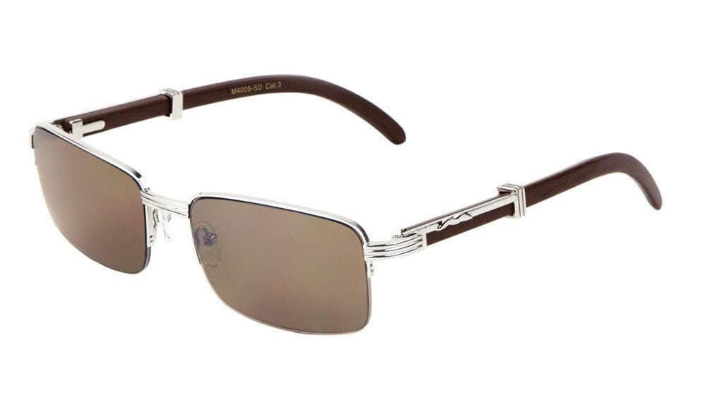 Executive Slim Half Rim Rectangular Metal & Wood Aviator Sunglasses (Silver & Dark Brown Wood w/Case, Brown)