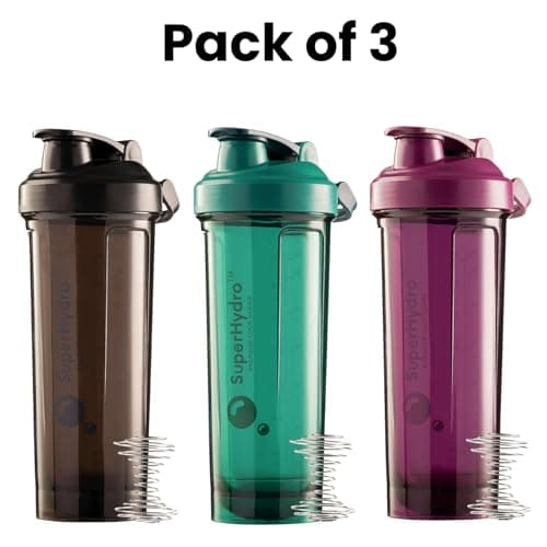 Super Hydro Protein Shaker Bottle [3 PACK] - 28 Oz. BPA-Free, Dishwasher Safe Shakers For Protein Powder Mixes, Pre-workout Cup for Gym, Office, Travel (Charcoal, Forest, Plum)