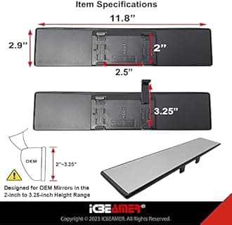 ICBEAMER 11.8" 300mm Easy Clip on Universal Fit Wide Angle Panoramic Auto Interior Rearview Mirror Flat Clear Surface