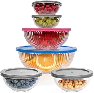 Set of 6 Stackable Space-Saving Nesting Glass Bowls with BPA Free Lids for Foodprep, Storage, Baking, Mixing & Cooking, Microwave Safe - Durable Inert Borosilicate Glass