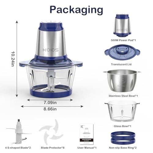 KOIOS 500W Powerful Electric Food Processor with 8 Cup Stainless Steel & Glass Bowls, 2 Speed Mode Electric Food Chopper with 2 Sets Blades Meat Grinder Chopper for Family & Baby Use
