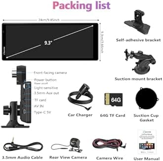 2025 CARPURIDE W903 Portable Carplay & Android Auto with Dash Cam - 9.3" HD IPS Screen, 4K Front &1080P Rear Cam, Loop Recording, Bluetooth, Mirror Link, GPS, Siri, Dashboard Mounted