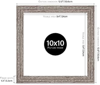 Almost Frameless 10x10 Walnut Ornate Picture Frame 10"x10"(25.4x25.4cm) Poster, Photo, Artwork, or Print. Antique Style Portrait and Landscape Display with Wall Hooks