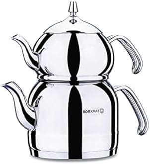 Korkmaz Efendi Turkish Tea Pot Set for Stove Top, Stainless Steel Teapot Set with Heat Resistant Stainless Steel Handles, Samovar Style Tea Kettle, 3.7 qt