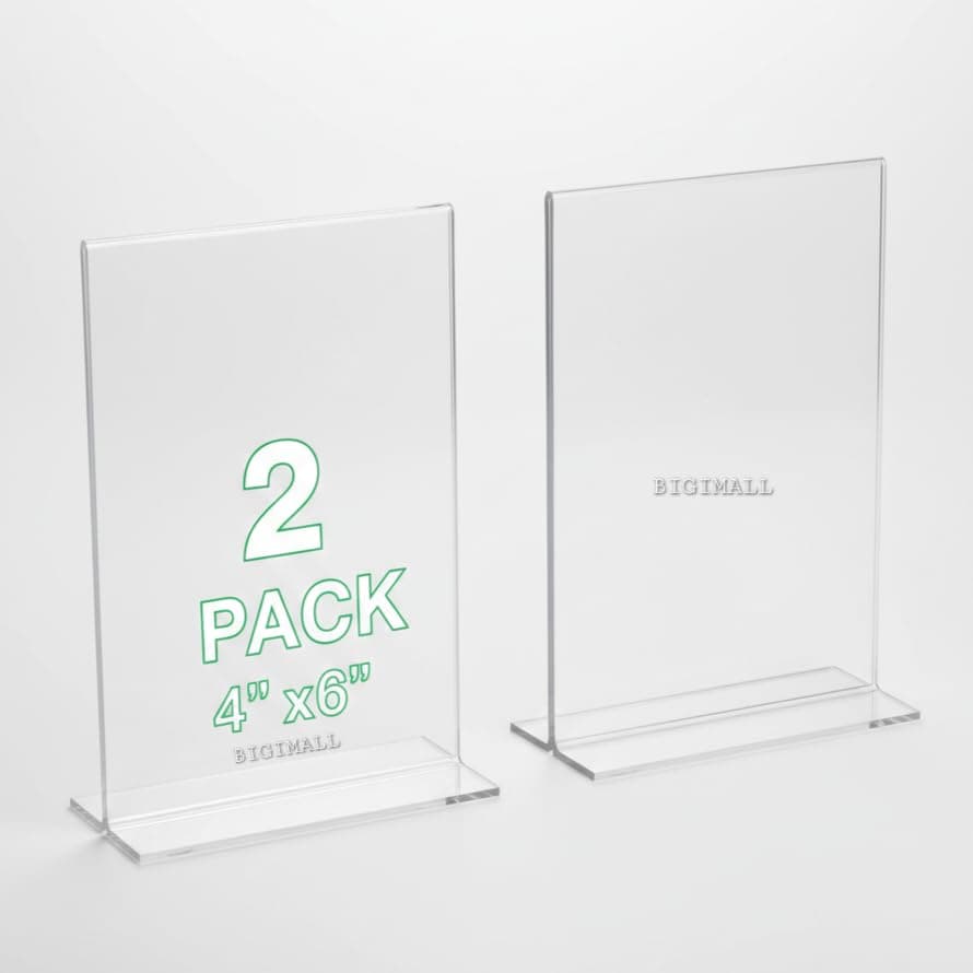 BIGIMALL 2 pcs x 4 X 6 Inch height Acrylic Display Stand Paper Holder T Photo Frame Holder( 4 inches x 6 inches (height, 2pcs pack)
