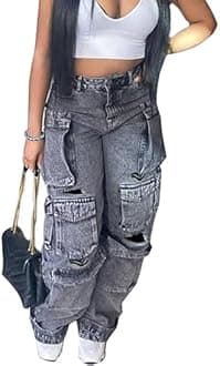Baczoe Women's Baggy Cargo Jean High Waisted Y2K Distressed Wide Leg Denim Pants with Multi Pockets Streetwear