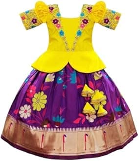 White Button Satin New South Indian Traditional Collar Digital Pattu Pavadai Readymade Lehenga Choli For Girl's Dress