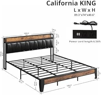 LIKIMIO California King Bed Frame, Headboard with Charging Station, Strong and Stable, No Noise, No Box Spring Needed, Easy Assembly (Vintage & Black)
