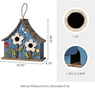 Glitzhome Hanging Birdhouses for Outdoors, 10.75" L Distressed Solid Wood Birdhouse Bird Nesting Box with 3D Flowers Rustic Hand-Painted Bird Houses for Outside