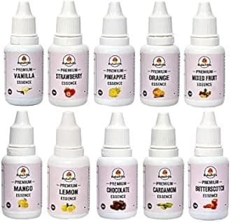 - Bakefrillz Food Flavour Essence (20 ml x 10) | Vanilla, Butterscotch, Strawberry, Pineapple, Orange, Mango, Lemon, Chocolate, Mix Fruit & Cardamom | Ideal for Cakes, Ice Creams, Puddings & Desserts