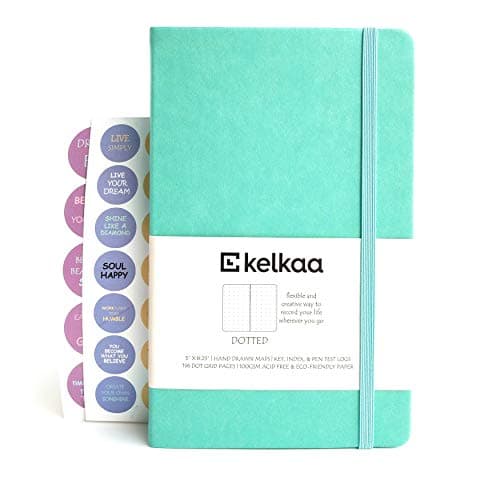 Kelkaa Dotted Bullet Notebook– Dot Grid Hardcover Journal, Classic Premium FSC Certified Notebook w/ 100gsm Thick Paper, Fine Faux Leather, Inner Pocket, Stickers, A5 (5”x8.25”) 196 Pages - Teal Green