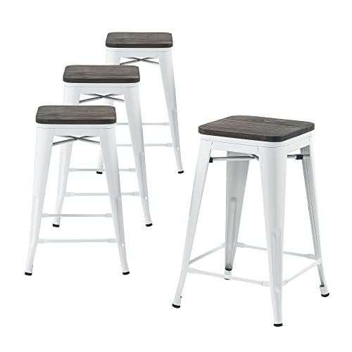Buschman Metal Bar Stools 24" Counter Height, Indoor/Outdoor and Stackable, Set of 4 (White with Wooden Seat)
