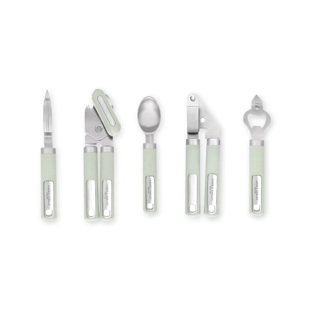 Laura Ashley 5-Pcs Kitchen Tools & Gadgets - Soft Grip, Heat Resistant, Dishwasher Safe - Stainless Steel Kitchen Utensils set Includes Garlic Press, Peeler, Can Opener, Bottle Opener, Ice Cream Scoop