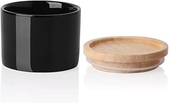 Sweejar Kitchen Canisters Ceramic Food Storage Jar, Stackable Containers with Airtight Seal Wooden Lid for Serving Ground Coffee, Tea, Sugar, Spice and More - 5 Fl Oz(Black)