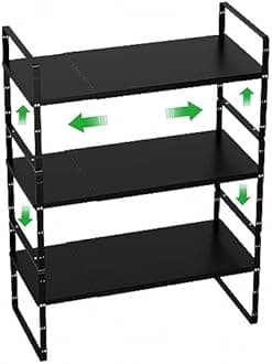 Cabinet Organizer Shelves,Expandable Spice Racks,Stackable Storage Shelves for Kitchen,Pantry,Counter,Bathroom,Home,Office,3 Packs,8.07" D,Black