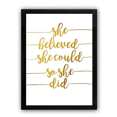 She Believed She Could So She Did Quote Saying Framed Cardstock Art Print, Motivational Phrase Gold Foil Print 8x10 inch Poster,Great Gift For Girl -Wood Frame Ready to Hang