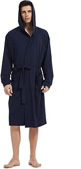 Men's Pure Cotton Bathrobe Lightweight Kimono and Hooded Spa Robes Soft Sleepwear