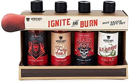 Thoughtfully, Ignite and Burn Hot Sauce Gift Set, Flavours Include Habanero, Garlic, Green Jalapeno, and Red Hot, Pack of 4