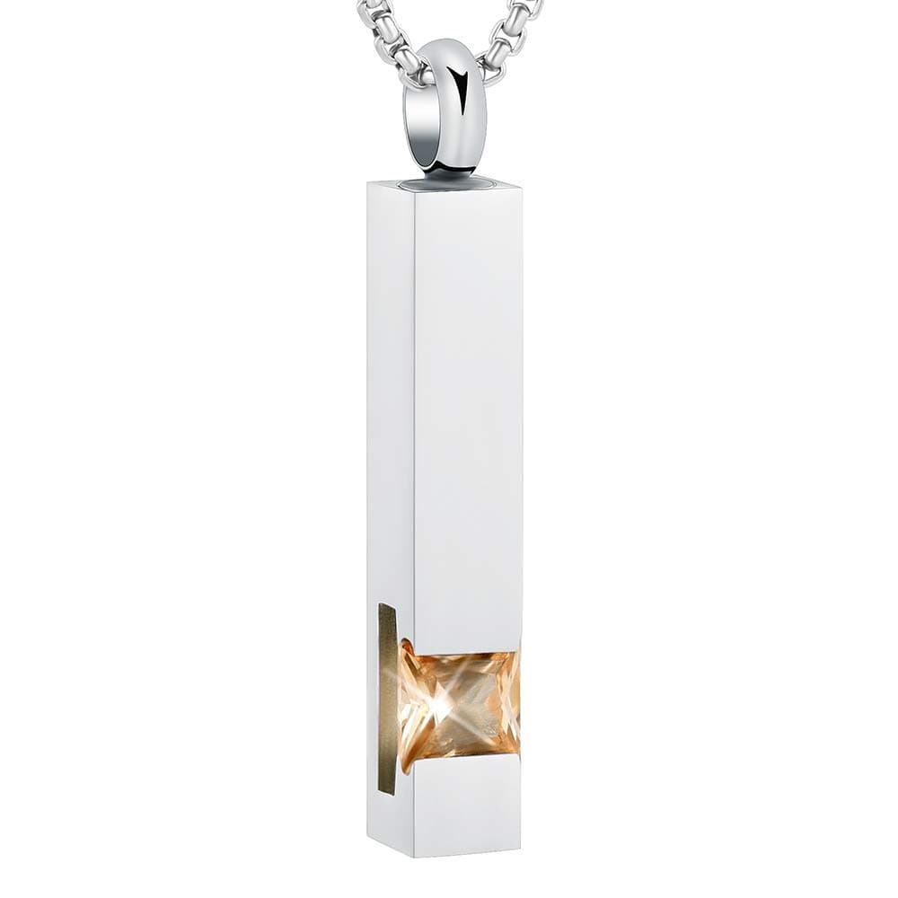 EternityMemory Inlay Multi-Colored Square Crystal Bar Cremation Urn Necklace Holder for Ashes - Engravable (Orange Stone)