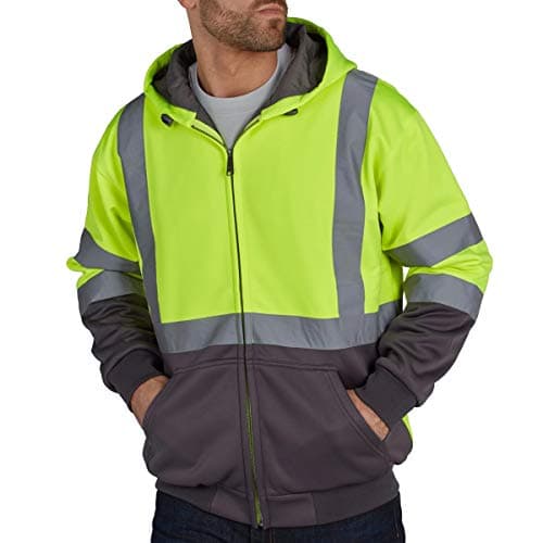 Utility Pro Men's Class 3 High Visibility Hooded Zip-Up Sweatshirt with Teflon Fabric Protector - Lime/Black, Medium, Model Number UHV425