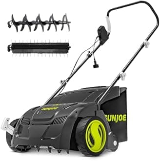 Sun Joe AJ801E 12-Amp, Electric Dethatcher and Scarifier w/Removeable 8-Gallon Collection Bag, 5-Position Height Adjustment, Airboost Technology Increases Lawn Health, 13 inch, Green