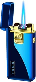 Torch Lighters Dual Arc Lighter 2 in 1 Jet Flame Butane Lighter Electric Lighter USB Rechargeable Lighter Windproof Infinity Lighter Battery Indicator for Camping Indoor (Blue)