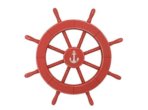 Hampton Nautical Wheel-18-204-anchor Rustic All Red Anchor 18"-Wooden Ships Steering Wheel Decoration
