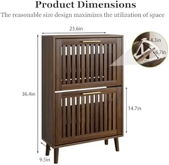 Shoe Cabinet, Shoe Storage Cabinet with Louvered 2 Flip Drawers, Narrow Shoe Cabinet Storage for Entryway, Freestanding Shoe Organizer Cabinet with Golden Handles, Slim Shoe Rack Cabinet (Walnut)