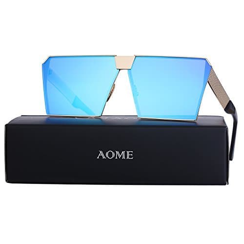 AOME Oversized Flat Top Sunglasses Square Metal Frame Mirrored Sunglasses (Gold&Blue, 2.0)