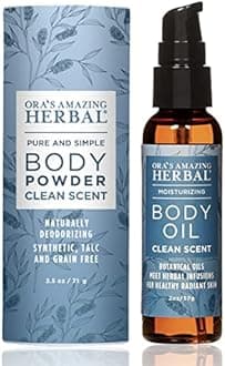 - Ora's Amazing Herbal Natural Body Powder and Oil Set, Dusting Powder, Body Oil, No Talc, Corn, Grain, Gluten, Clean Scent 2.5 oz with Travel Size Clean Scent Oil 2 oz