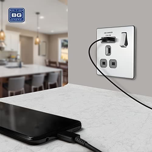 BG Electrical Screwless Flatplate Single Switched Fast Charging Power Socket with Two USB Charging Ports