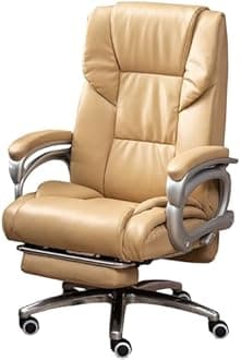Genuine Leather Office Chair, Comfort Executive Computer Chair Ergonomic Swivel Task Chair with Adjustable Back and Footrest for Heavy People,Beige-One Size