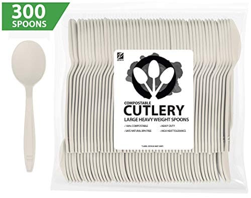 ZenCo Biodegradable Compostable Disposable Cutlery - 300 Spoons Large 6.5" Ivory - Heavy Duty Heat Resistant Eco Friendly Utensils for Office, Catering, Picnics or Birthdays (300 Count, Spoon)