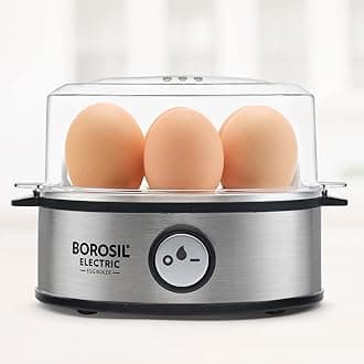 Borosil Electric Egg Boiler, 7 Egg Capacity, For Hard, Soft, Medium Boiled Eggs, Steamed Vegetables, Transparent Lid, Stainless Steel Exterior