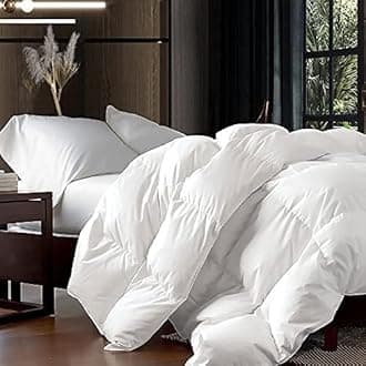 - Luxurious King/California King Size Goose Down Fiber Waterfowl Feather Fiber Comforter Duvet, 100% Cotton Cover, 58 oz. Fill Weight, Baffle Box Design, White Solid