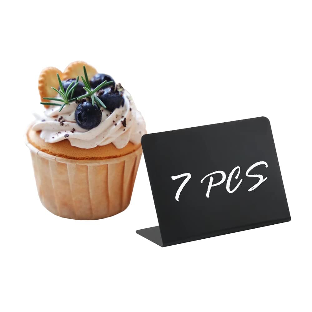 7 Pack 4"x 3" Mini Chalkboard Signs, L-Shaped Small Buffet Tags for Liquid Chalk Markers and Chalk. Plastic Food Label for Party- Wedding - Bakery, Easy to Write and Wipe Out.