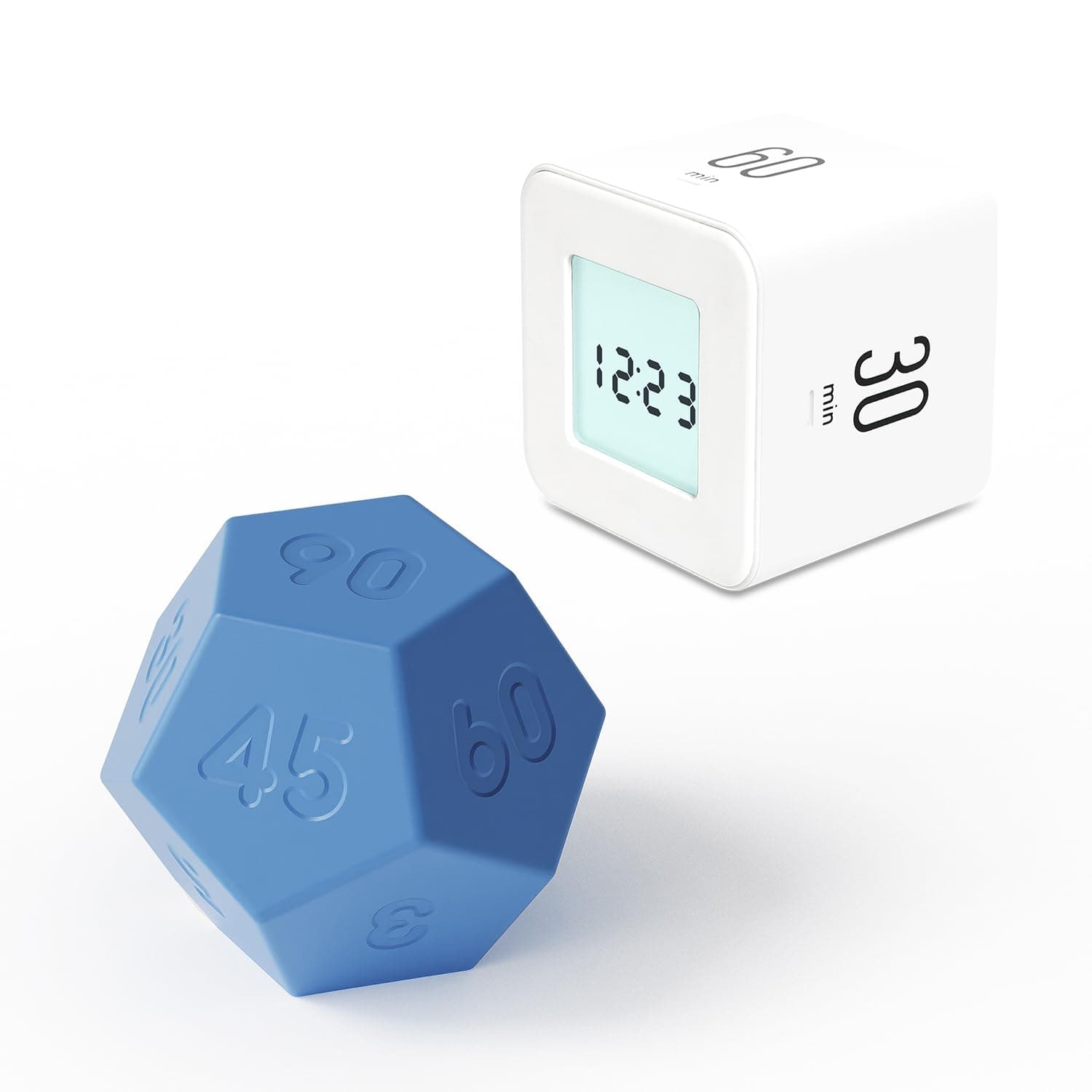Multi Cube Timer (White) & Dodecagon Time Ball (Blue) Digital Flip Clock & Pomodoro Productivity Timer for Kids, ADHD, Office, Kitchen, Study, Workout with Vibrate/Silent/Sound Modes