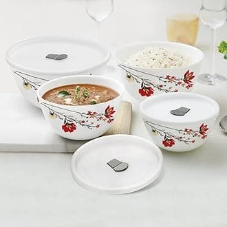 Larah by Borosil Chrys Red Set of 4 Mixing & Serving Bowls with Lids, Microwave Safe (500 ml, 750 ml, 1 L & 1.5 L)